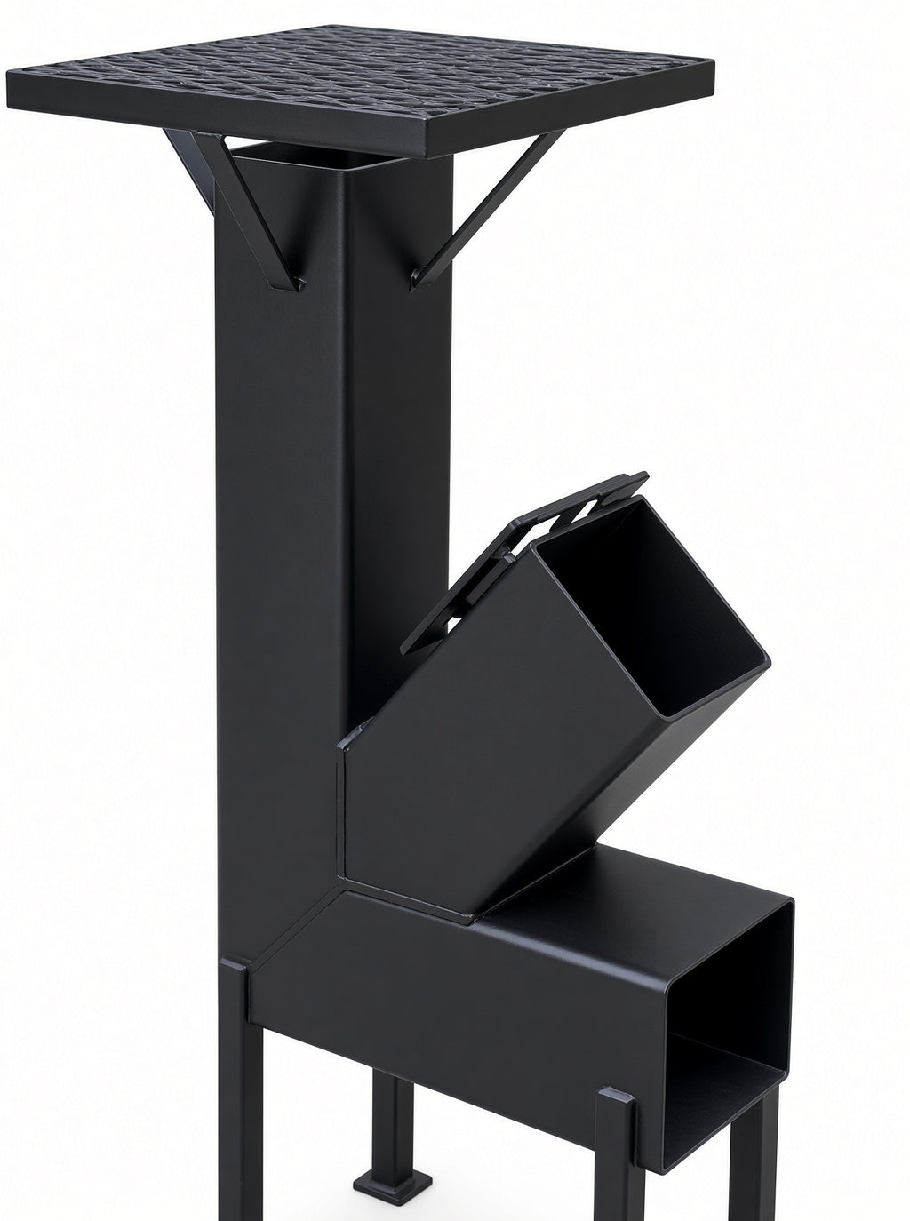Close-up of steel rocket stove cooking grate, chimney braces and angled wood feed chute