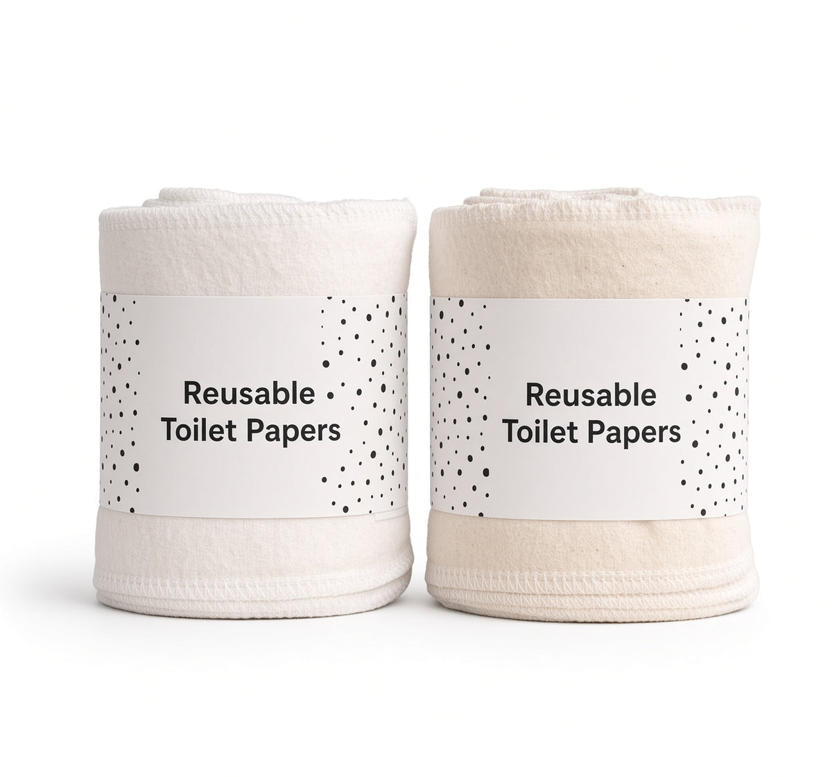 Two rolls of reusable cotton cloth, one white and one natural, with paper bands for off-grid hygiene
