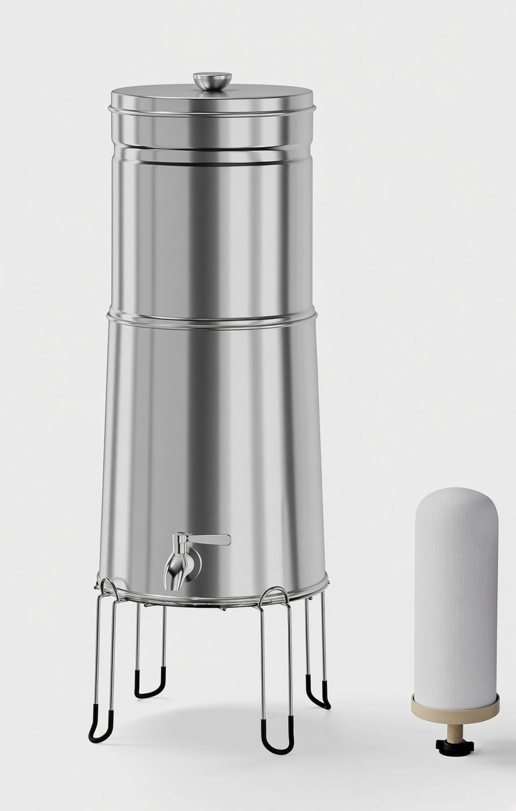 Stainless steel gravity water filter system on a wire stand with spigot, shown beside a white filter element
