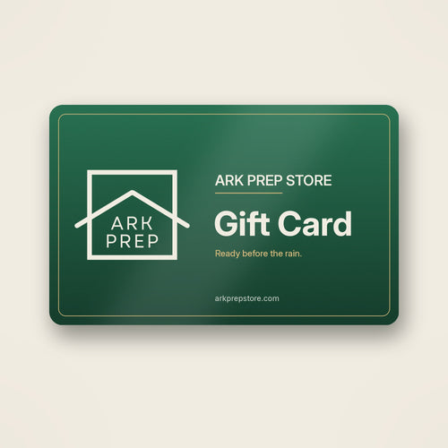 Ark Prep Store gift card in forest green with the Ark Prep house logo, a gift for preppers and homesteaders