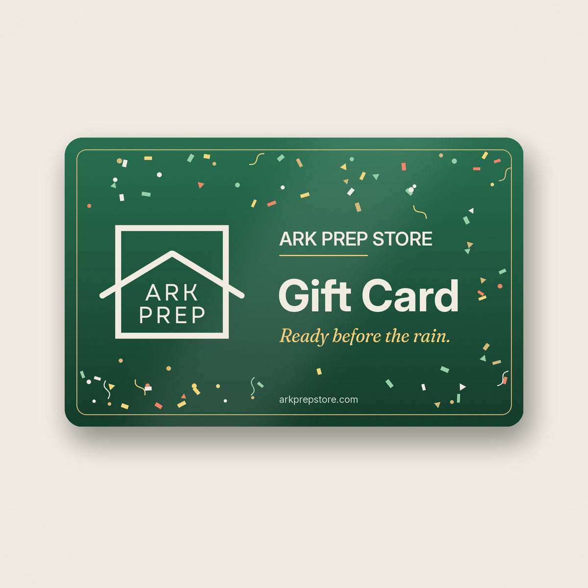 Ark Prep Store gift card with festive confetti and the Ark Prep house logo
