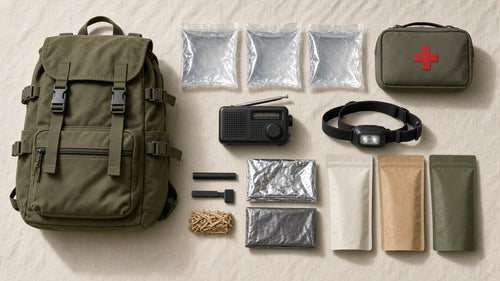 Emergency go-bag backpack laid out with a radio, headlamp, first aid pouch, food pouches and supplies