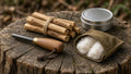 Fire starter kit with bundled fatwood sticks, a ferro rod, tinder pouch and tin on a tree stump