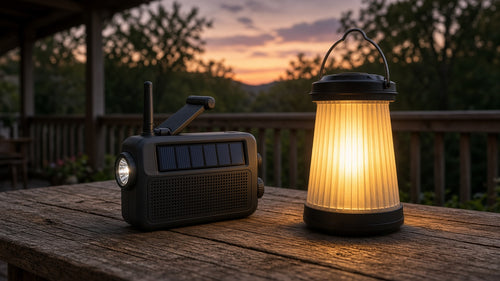Hand-crank emergency radio and glowing solar lantern on a wooden porch table at dusk