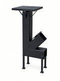 Portable black steel rocket stove with square cooking grate, angled fuel feed and four legs, for off-grid and emergency cooking