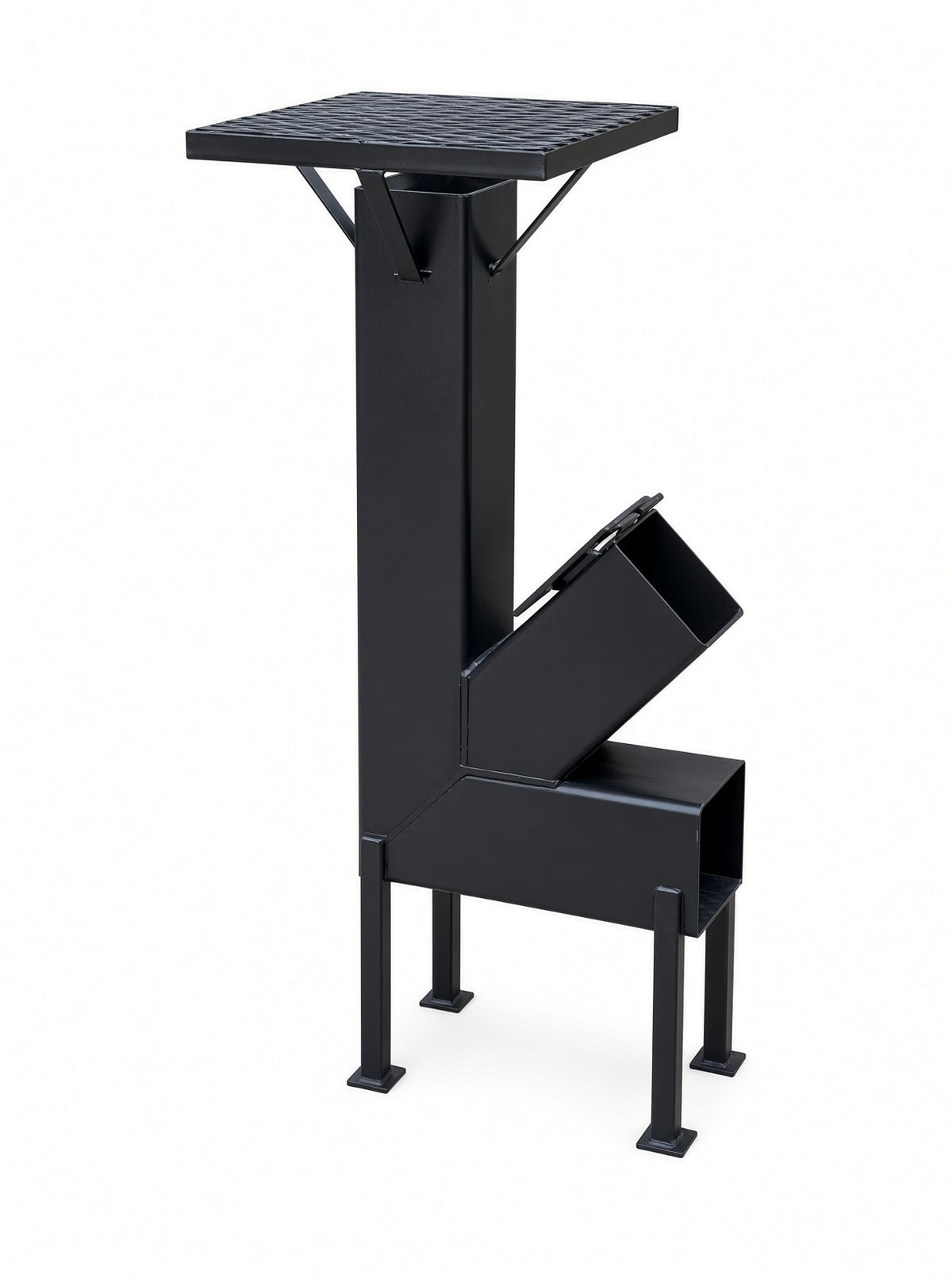 Portable black steel rocket stove with square cooking grate, angled fuel feed and four legs, for off-grid and emergency cooking
