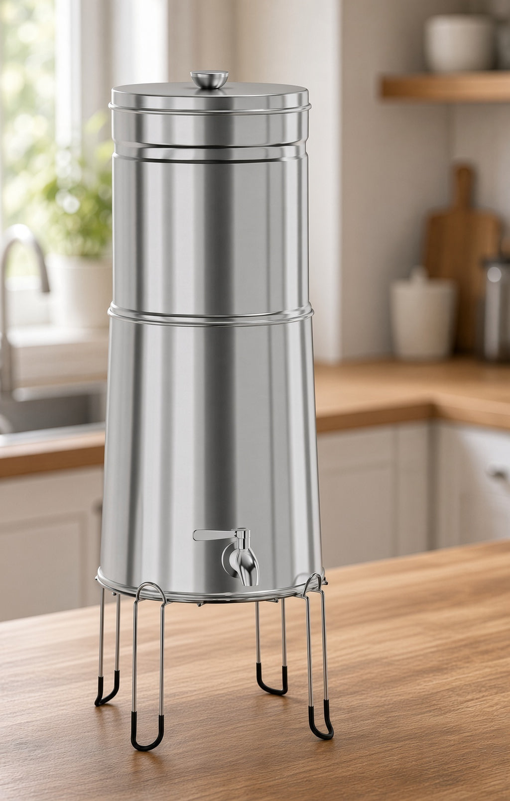 Stainless steel gravity water filter on a kitchen counter for everyday and emergency drinking water