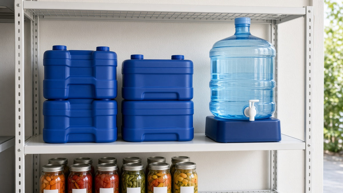 Blue stackable water storage containers and a water jug on a pantry shelf above jars of preserves